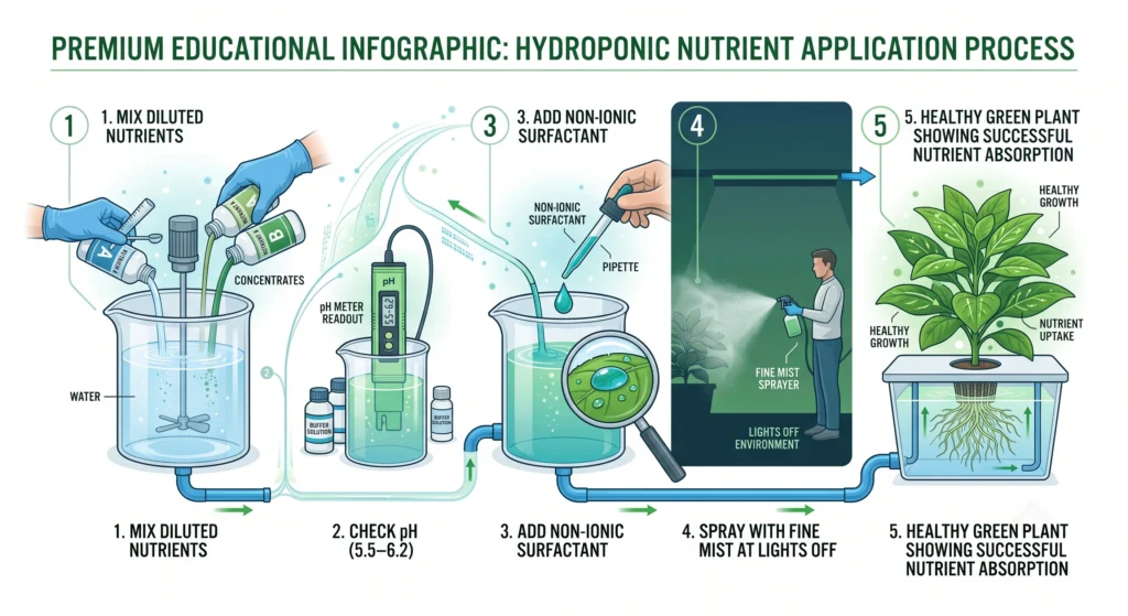 Foliar Feeding Hydroponics: Maximizing Micro-Nutrient Absorption Rates 8 Step-by-step infographic summarizing hydroponic foliar feeding best practices, including mixing nutrients, adjusting pH, adding a surfactant, spraying during lights-off, and maintaining proper humidity.