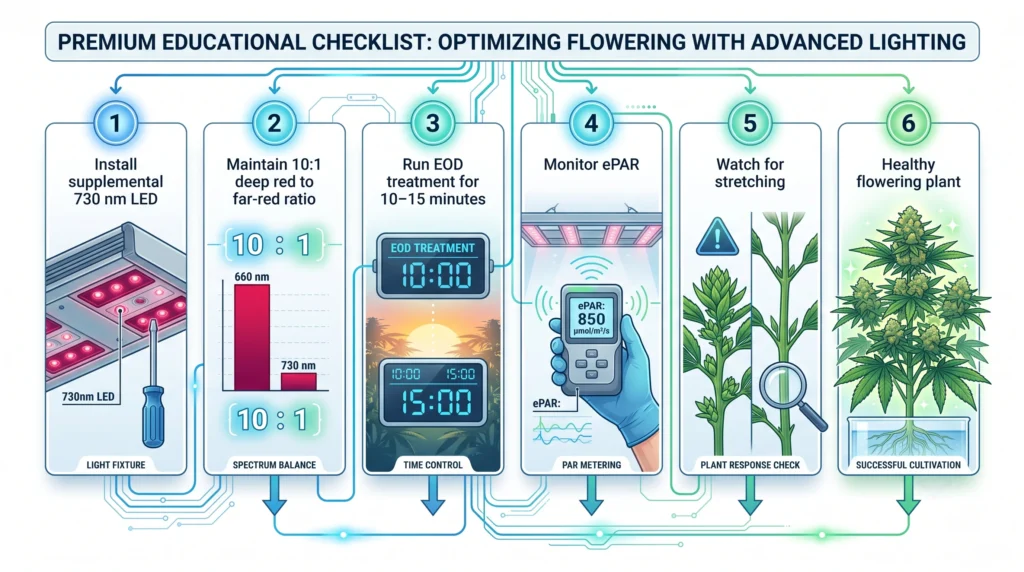 Step-by-step infographic summarizing the best practices for using supplemental far-red lighting, including maintaining a 10:1 deep-red to far-red ratio, applying end-of-day far-red treatment, monitoring ePAR, and avoiding excessive stem stretching.