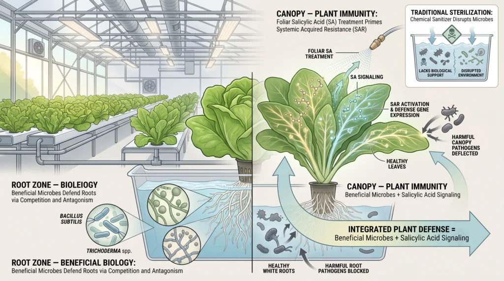 Commercial hydroponic greenhouse combining salicylic acid plant immunity with beneficial microbes for biological disease protection