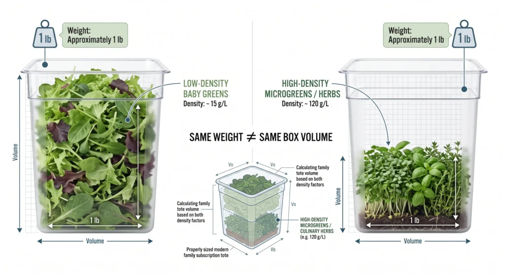 Editorial infographic comparing the physical volume required by low-density baby greens and high-density microgreens inside a subscription box.
