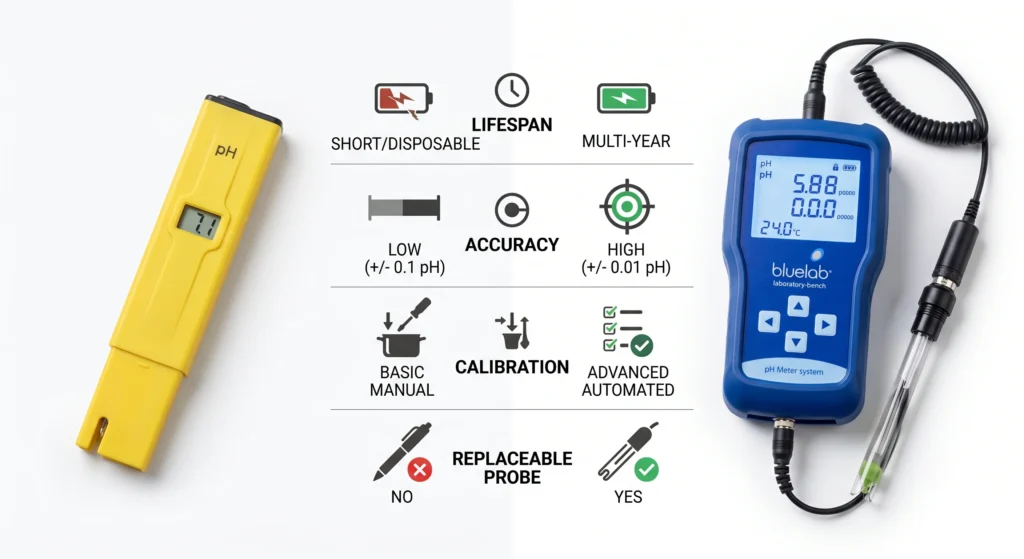 The Ultimate Hydroponic pH Meter Guide: Anatomy of a $1,200 Mistake 6 Comparison between inexpensive hydroponic pH pen and professional laboratory pH meter