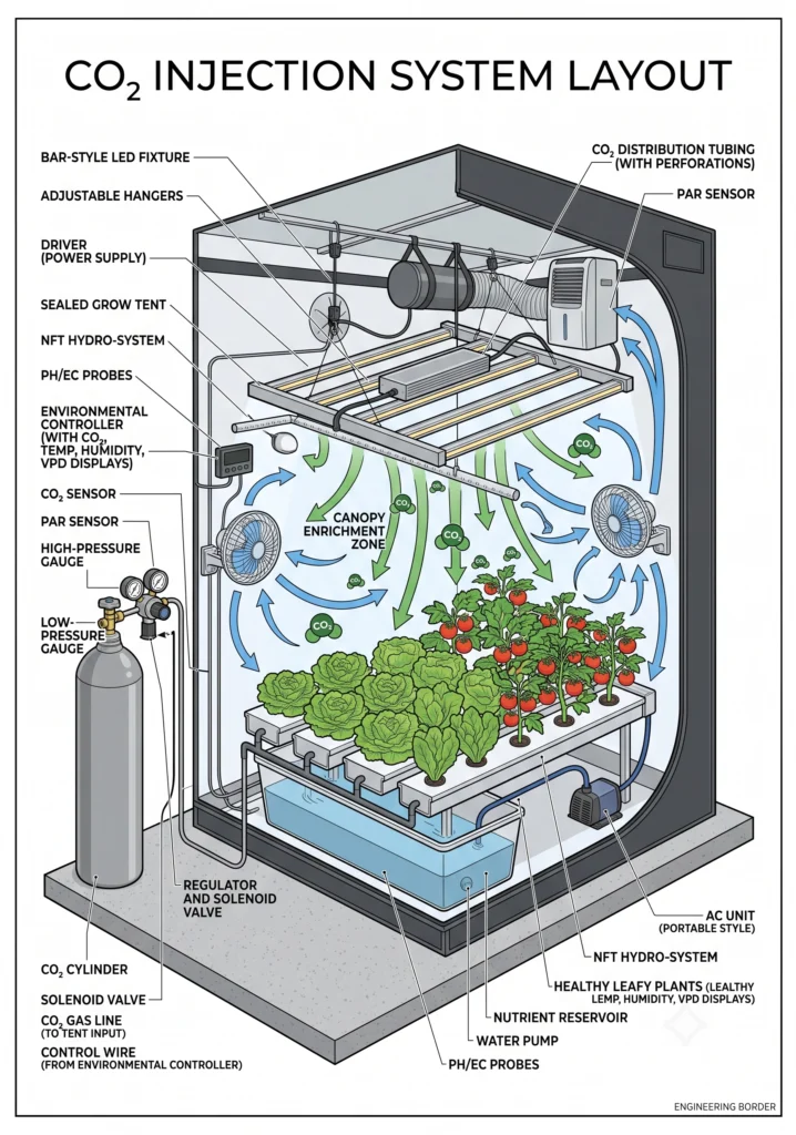 Cutaway diagram showing a sealed grow tent with CO2 tank, regulator, tubing, sensors, controller, LED grow light, and airflow.