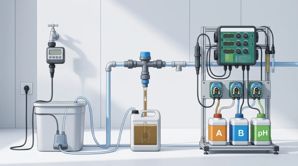 Fertigation Controllers for Home Growers: From Simple Timers to Smart Dosers 2 Comparison of timer tank, fertilizer injector and smart EC pH fertigation controllers