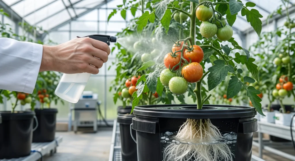 Foliar Feeding Hydroponics: Maximizing Micro-Nutrient Absorption Rates 4 Close-up of a hydroponic tomato plant receiving a calcium foliar spray on developing fruit clusters to prevent blossom-end rot.