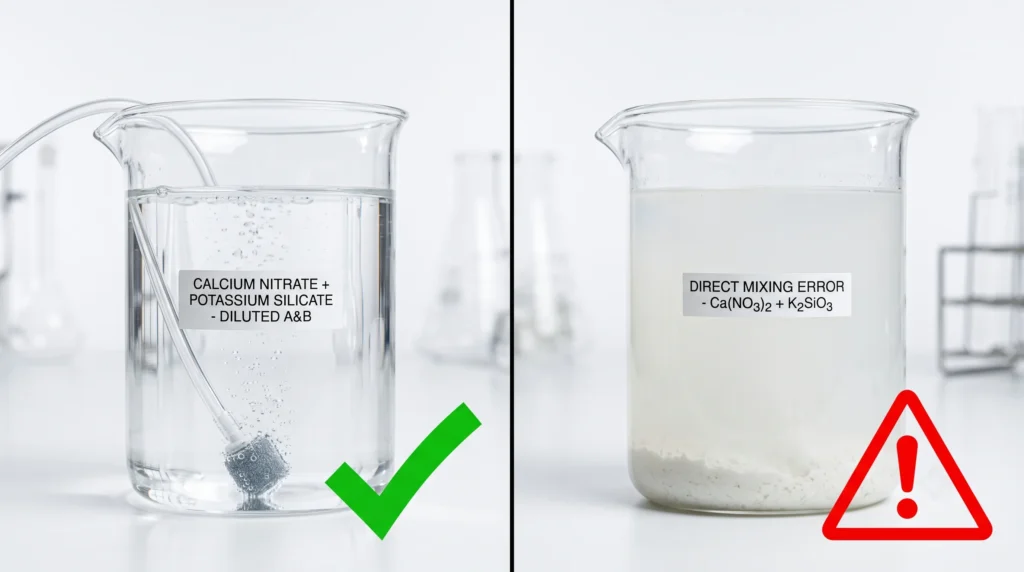 Side-by-side comparison showing a clear diluted hydroponic nutrient solution versus a cloudy precipitated mixture created by combining concentrated calcium nitrate and potassium silicate.