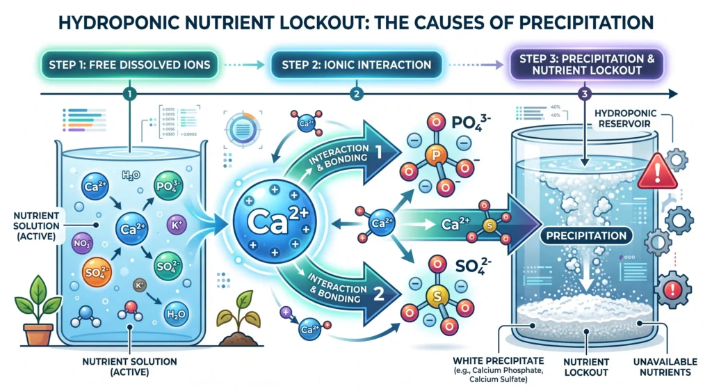 Diagram showing calcium reacting with phosphates and sulfates causing nutrient lockout in hydroponics