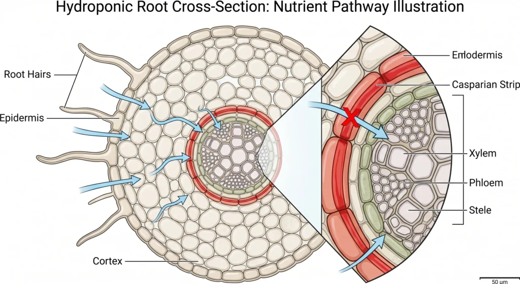 Microscopic illustration of the plant root endodermis showing the Casparian strip acting as a one-way barrier that prevents stored nutrients from moving back into the hydroponic reservoir.