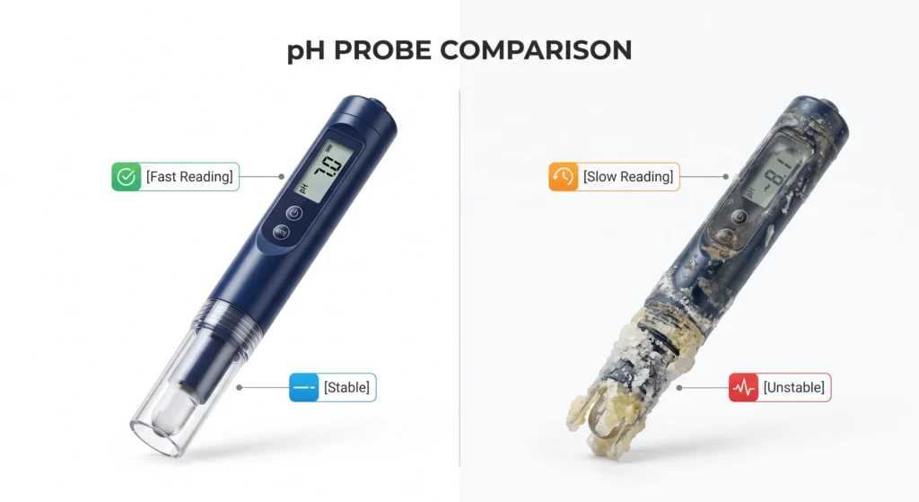 The Ultimate Hydroponic pH Meter Guide: Anatomy of a $1,200 Mistake 4 Side by side comparison of a clean hydroponic pH probe and one coated with mineral deposits
