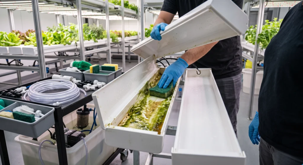 Stop Algae in Hydroponic Tubing & NFT Channels 4 Grower removing algae and biofilm from an NFT hydroponic channel during system maintenance