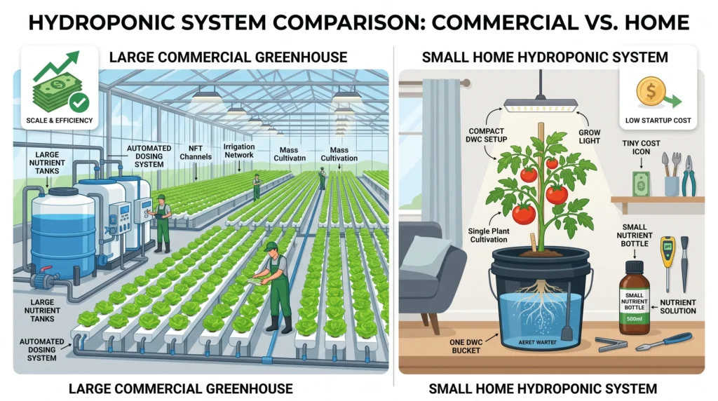 Illustration comparing a commercial hydroponic greenhouse and a home hydroponic system, showing how nutrient cost savings differ between large-scale and hobby growers.