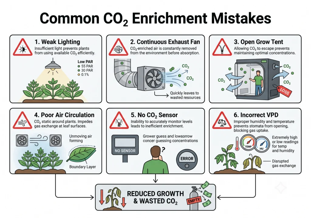 Infographic highlighting common mistakes such as weak lighting, open grow tents, continuous exhaust, poor airflow, and incorrect VPD.