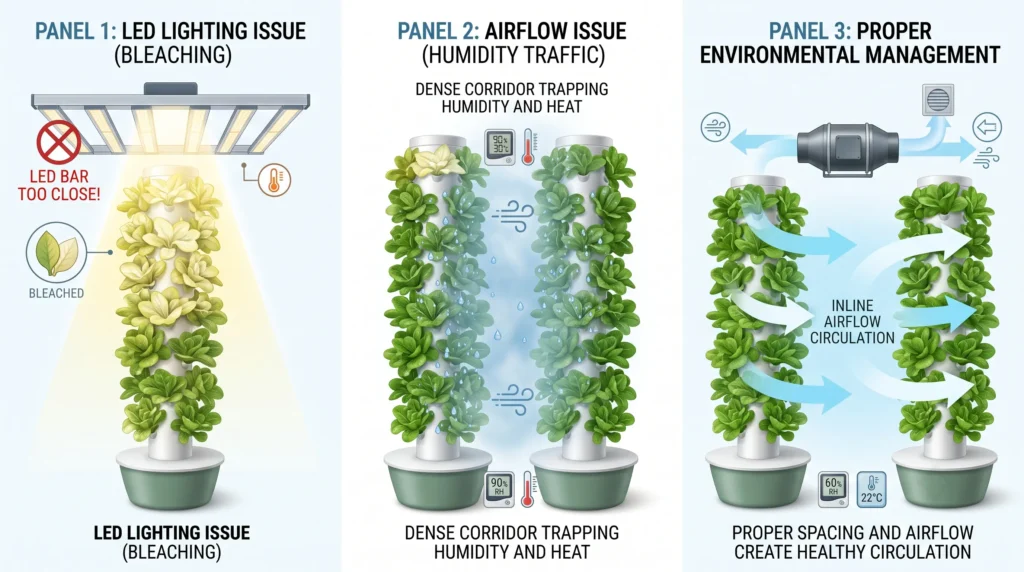 Illustration showing leaf burn, trapped humidity and airflow solutions in vertical hydroponic lighting corridors.