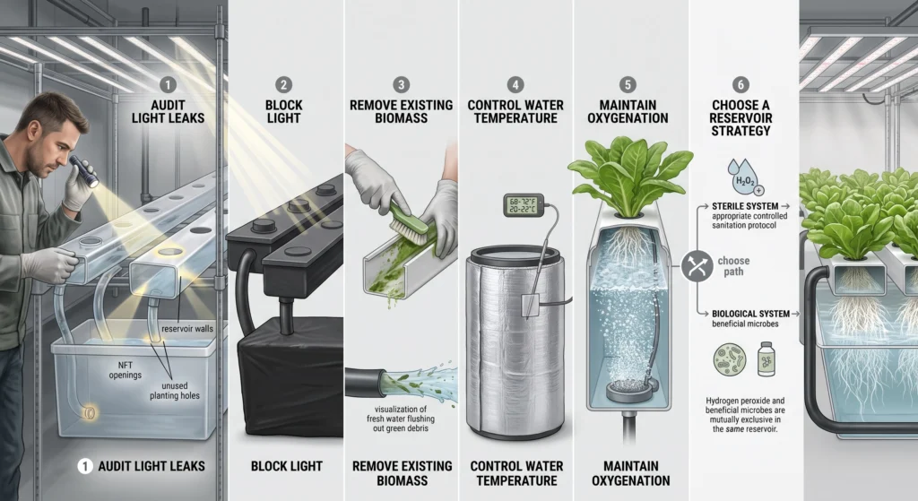 Stop Algae in Hydroponic Tubing & NFT Channels 12 Hydroponic algae prevention workflow using light exclusion, cleaning, temperature control, and system maintenance