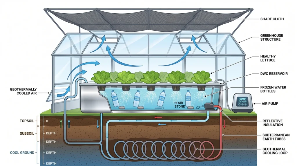 Exploded infographic showing shade cloth, insulated reservoir, geothermal cooling loop, frozen water bottles, and aeration working together to maintain a cool DWC reservoir.