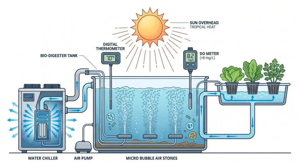 Infographic showing an organic hydroponic bio-digester with a water chiller, strong aeration, and dissolved oxygen management to prevent anaerobic conditions in tropical environments.