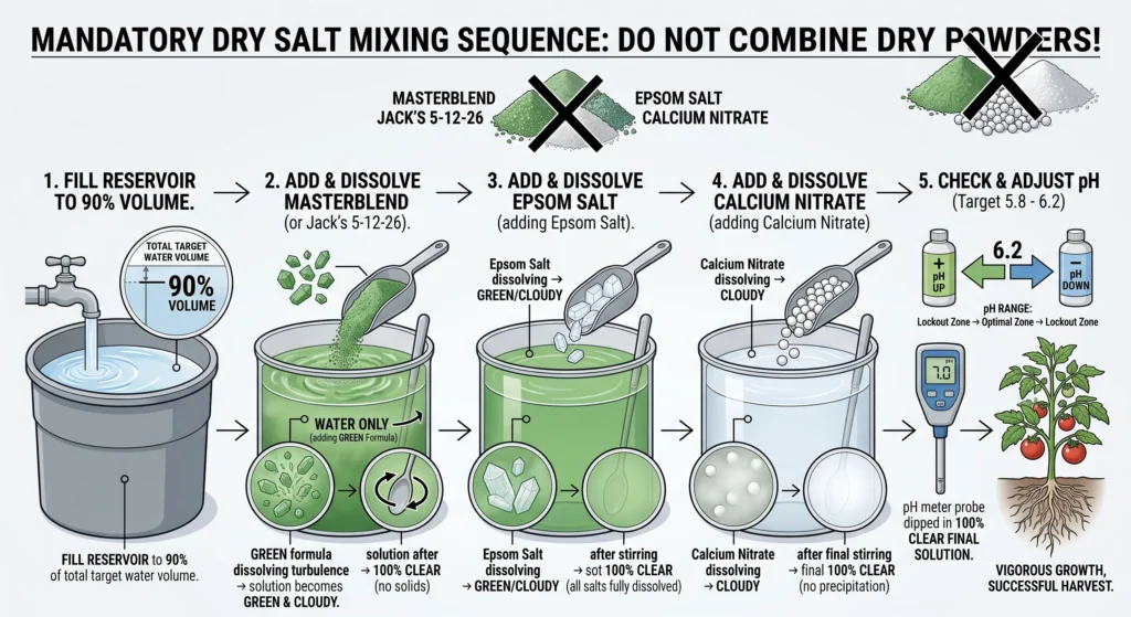 Step-by-step infographic explaining the proper sequence for mixing dry salt hydroponic nutrients into water, showing the correct order to prevent nutrient lockout and precipitation.