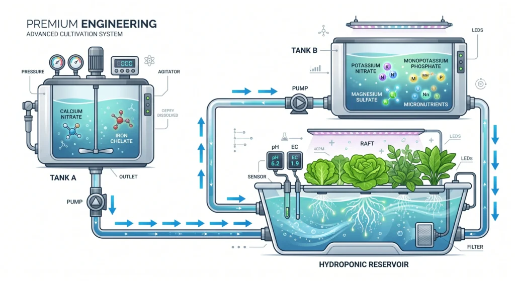 Diagram showing the proper separation of Tank A containing calcium nitrate and iron chelate from Tank B containing magnesium sulfate, monopotassium phosphate, potassium nitrate, and micronutrients to prevent precipitation.