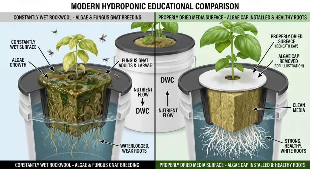 Comparison of overly wet versus properly dried hydroponic media