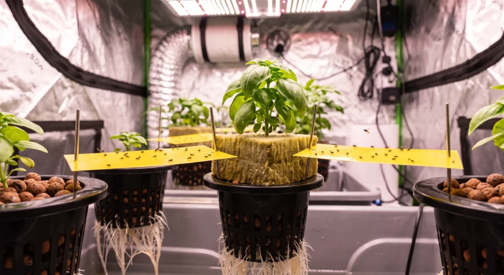 Yellow sticky traps positioned close to hydroponic media for trapping fungus gnats