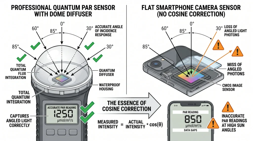 Quantum PAR Meters vs Smartphone Light Meter Apps: Comparing Accuracy for Indoor Growers 2 Comparison of accurate cosine-corrected light measurement versus flat smartphone camera light collection.