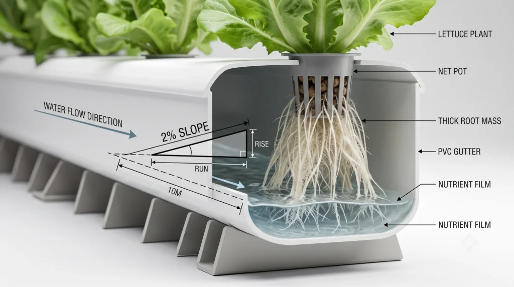 indoor vertical farming | Cross section of a nutrient film technique channel with flowing water