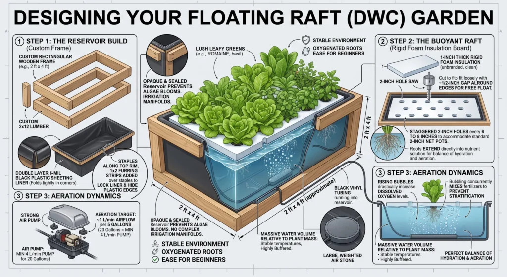 Comprehensive infographic illustrating how to build a DIY Deep Water Culture (DWC) floating raft hydroponic garden, including reservoir construction, foam raft with net pot holes, air pump and air stone installation, oxygenation, and leafy green cultivation.