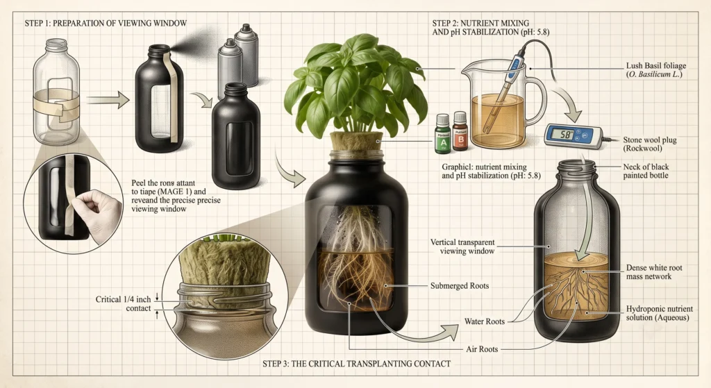 Step-by-step infographic showing how to build a DIY Deep Water Culture (DWC) raft hydroponic system, including reservoir construction, foam raft, drilling net pot holes, air pump installation, and nutrient solution setup.