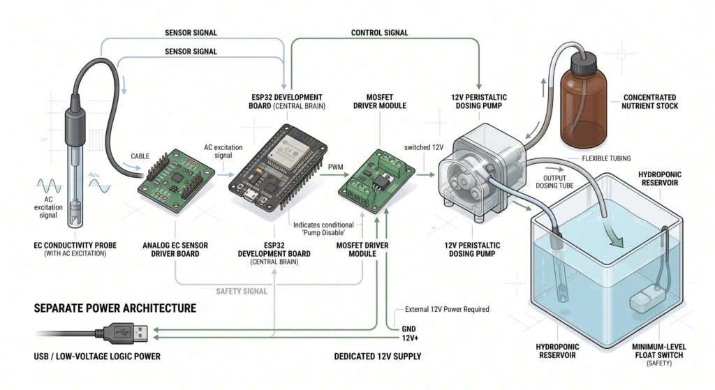 Exploded hardware diagram showing an EC probe, analog driver board, ESP32, MOSFET driver, 12V power supply, peristaltic pump, nutrient stock bottle, and float switch.