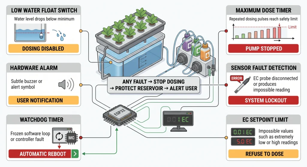 Hydroponic safety infographic showing a low-water float switch, maximum dose timer, sensor fault detection, EC setpoint limits, watchdog timer, and emergency pump shutdown.