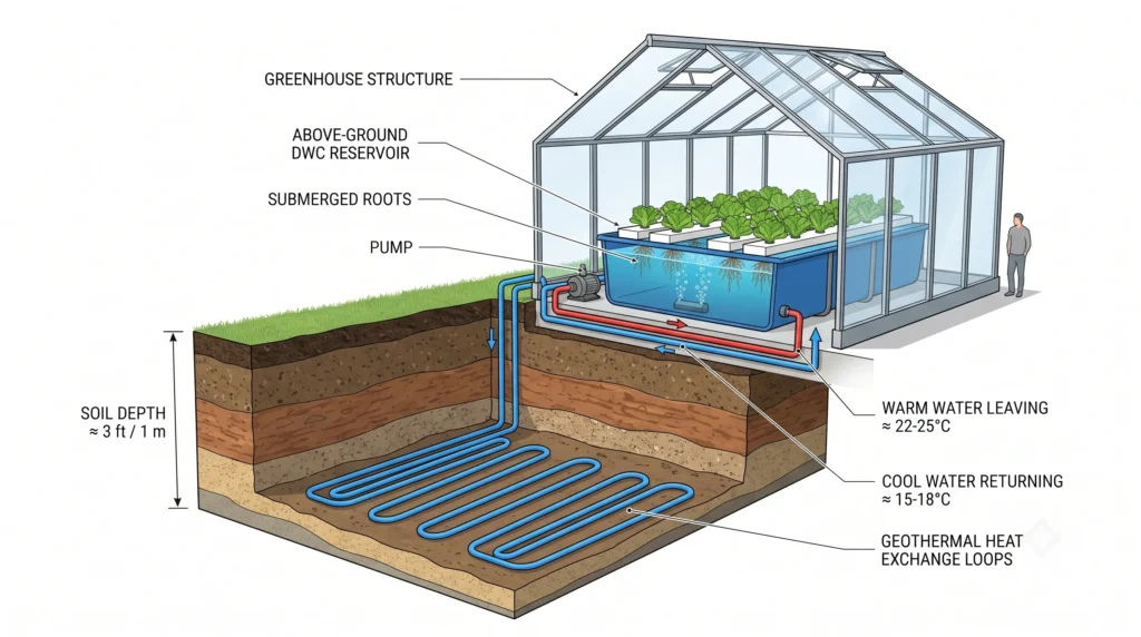 Cross-sectional illustration of a hydroponic reservoir connected to a buried PEX geothermal cooling loop located three feet underground.