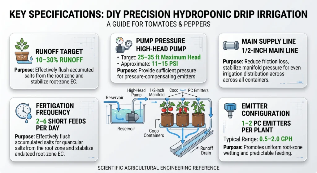 Hydroponic drip irrigation specification infographic summarizing pump head lift, 1/2-inch manifold diameter, pressure-compensating emitters, 2 to 6 daily feed cycles, and 10 to 30 percent runoff.