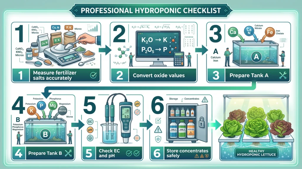 Educational infographic summarizing best practices for DIY hydroponic nutrient formulation, including weighing salts accurately, using separate stock tanks, converting oxide values, checking EC and pH, and storing concentrated nutrient solutions safely.