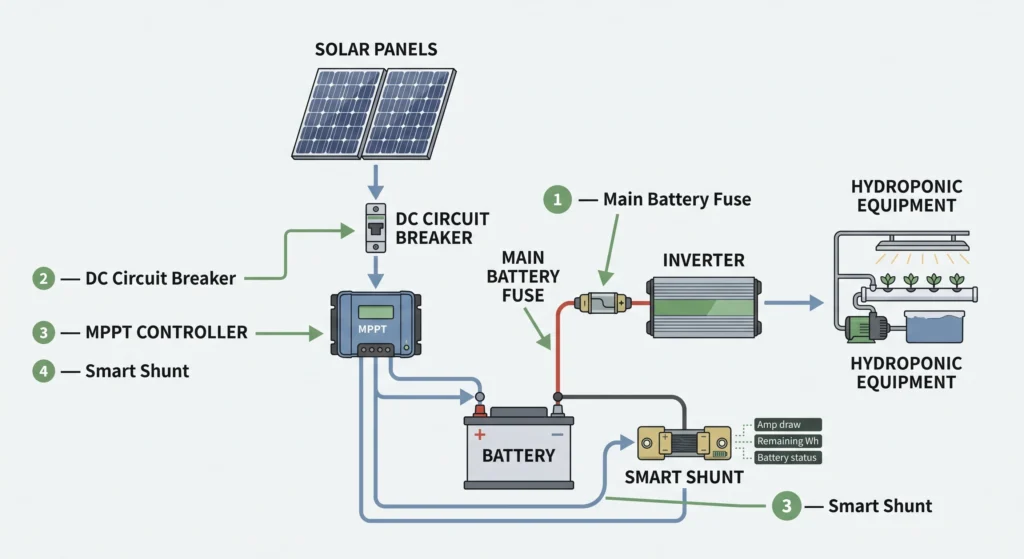 Clean electrical safety diagram showing a hydroponic DIY solar system with main battery fuse, DC circuit breaker, and smart shunt.