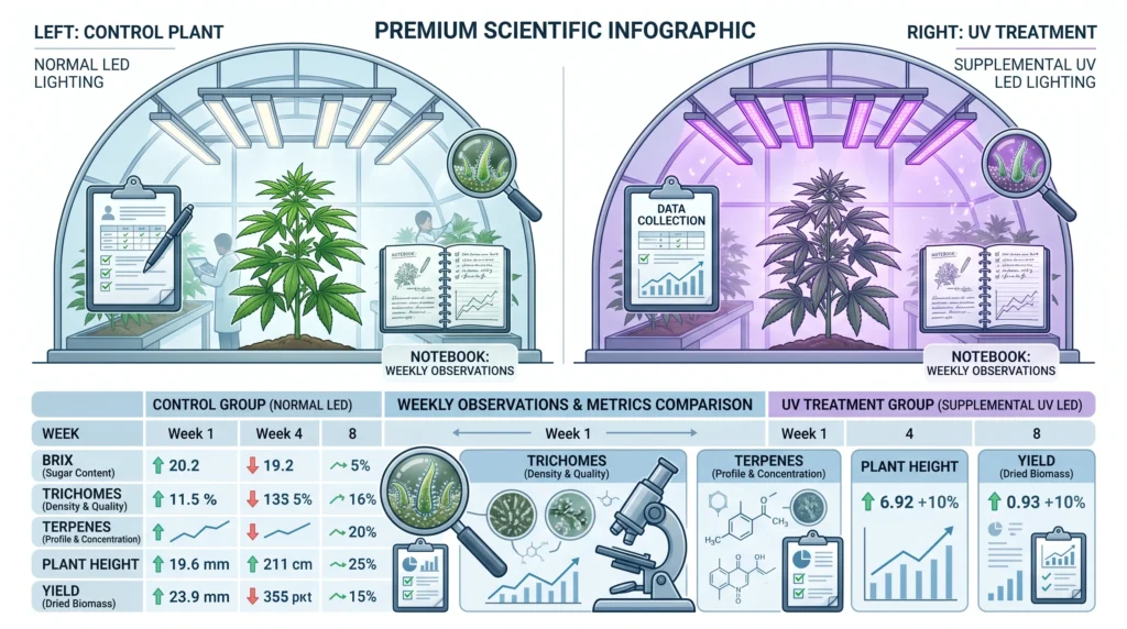 Educational infographic illustrating a side-by-side hydroponic UV experiment comparing a control plant and a UV-treated plant with weekly observations for Brix, trichome development, terpene aroma, and plant health.