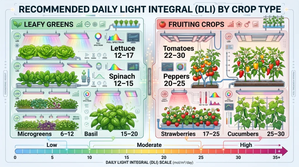 Comparison infographic showing recommended DLI values for lettuce, basil, tomatoes, peppers, cucumbers, strawberries, and microgreens.