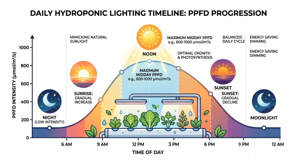 Timeline showing PPFD increasing gradually before reaching midday peak.