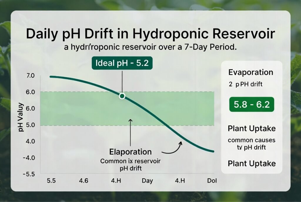 Infographic line graph showing typical daily pH drift over 7 days with ideal range highlighted and causes annotated