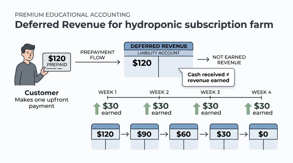 Accounting infographic showing a four-week $120 subscription prepayment being recognized as revenue across four delivery weeks.