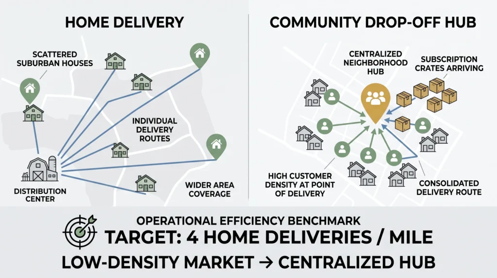 Comparison infographic showing scattered home deliveries versus a centralized community drop-off hub for hydroponic subscription boxes.