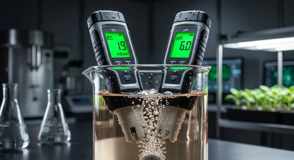 hydroponic nutrient solution | Digital EC and pH meters submerged in a clean water reservoir