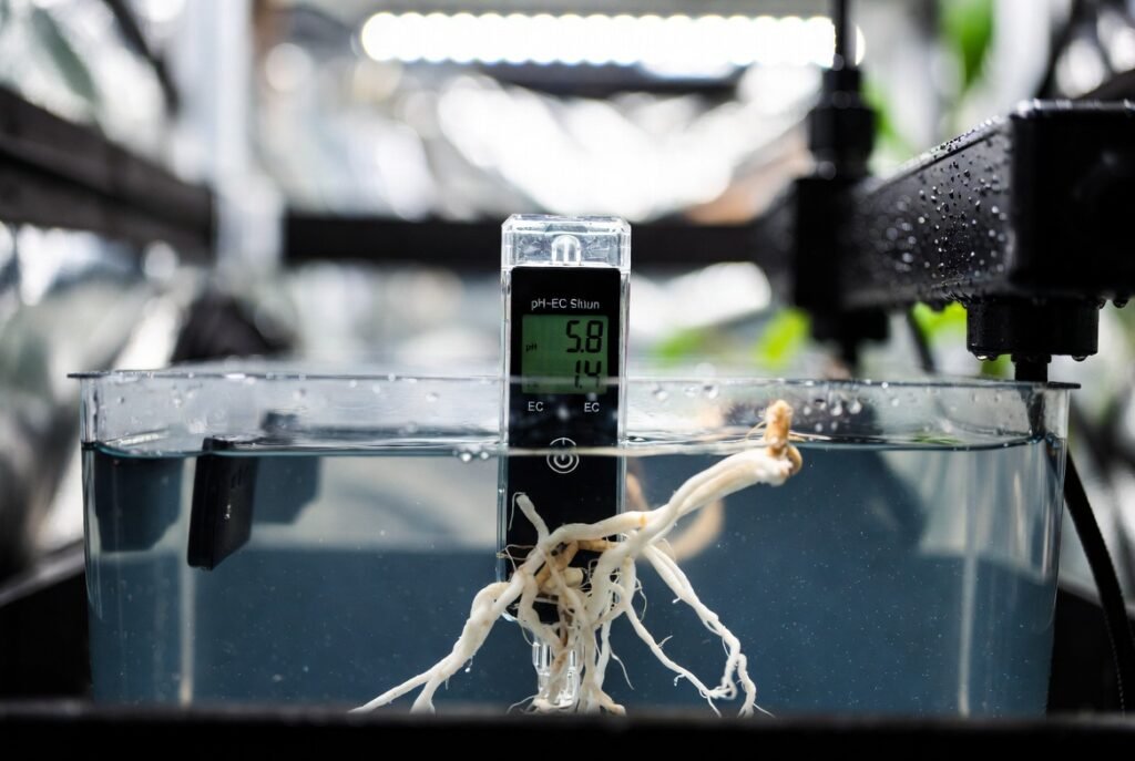 Close-up of digital pH and EC meter submerged in hydroponic nutrient reservoir with healthy roots