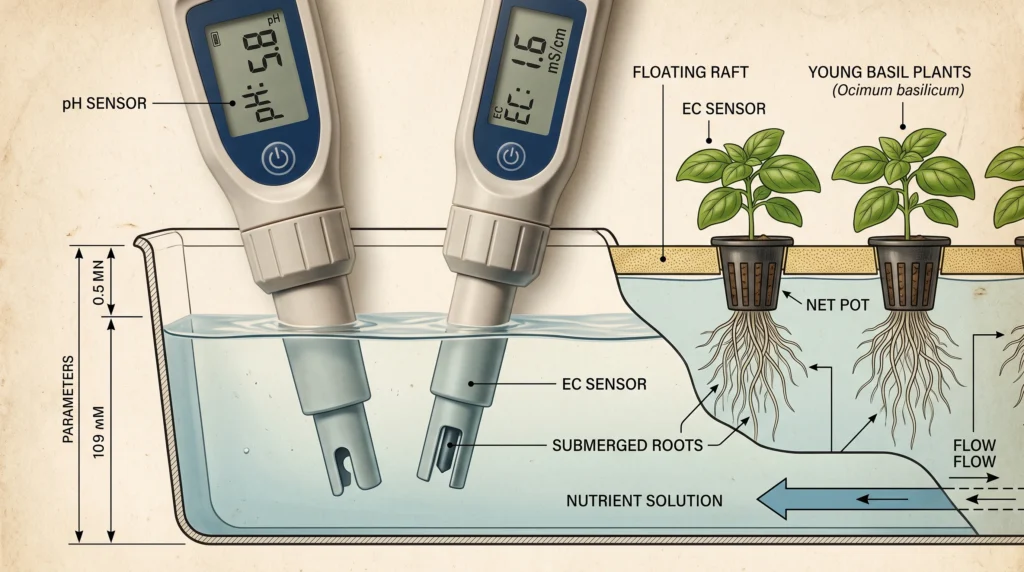 hydroponic growing systems | Digital pH and EC meters testing a nutrient reservoir