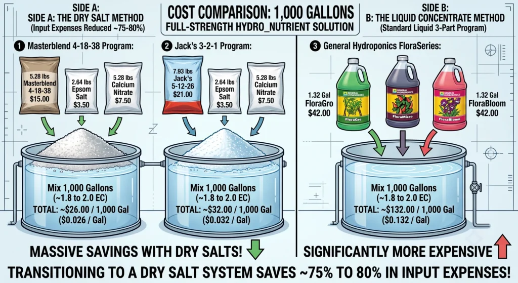 Comparison infographic illustrating the cost difference between dry salt hydroponic nutrients and liquid fertilizers, highlighting long-term savings, nutrient efficiency, and reduced growing costs.