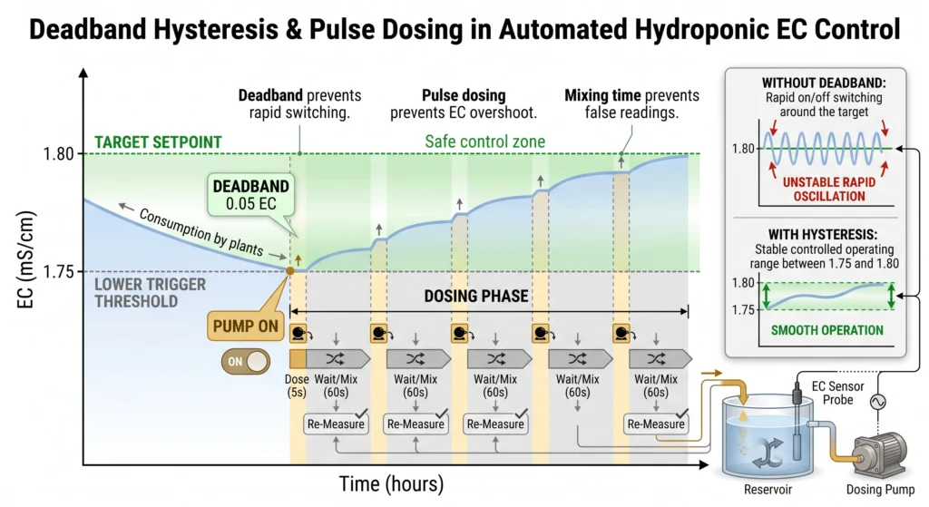 Technical infographic showing an EC target of 1.80 mS/cm, a 0.05 deadband, pump activation at 1.75, short dosing pulses, mixing intervals, and gradual return to the target.