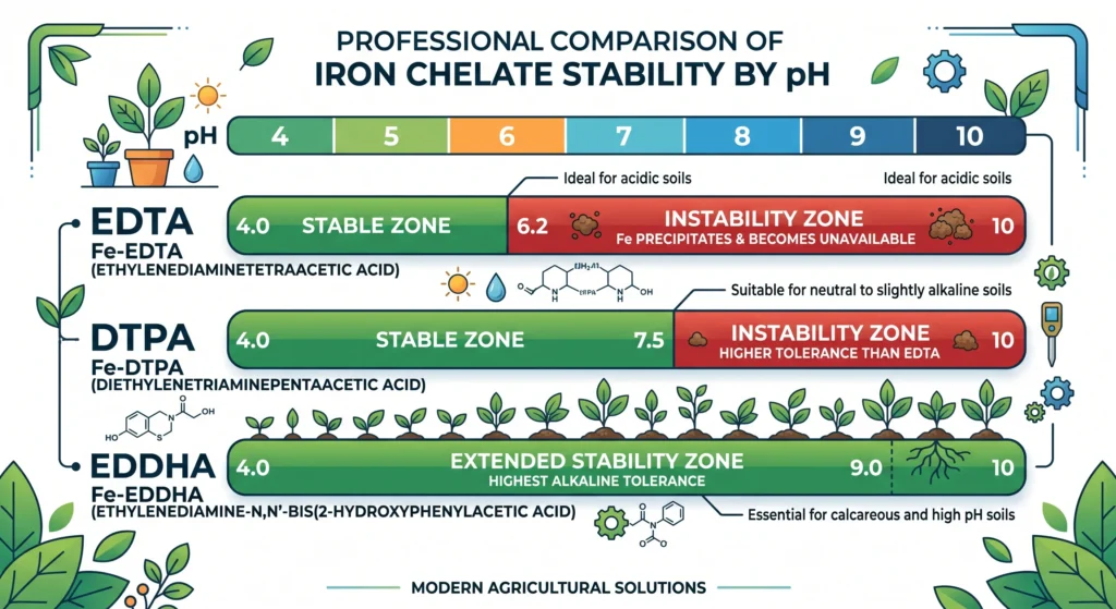 Iron Chelate Selection: DTPA vs EDDHA vs EDTA by pH Level 2 Comparison chart showing pH stability ranges of EDTA DTPA and EDDHA iron chelates in hydroponics
