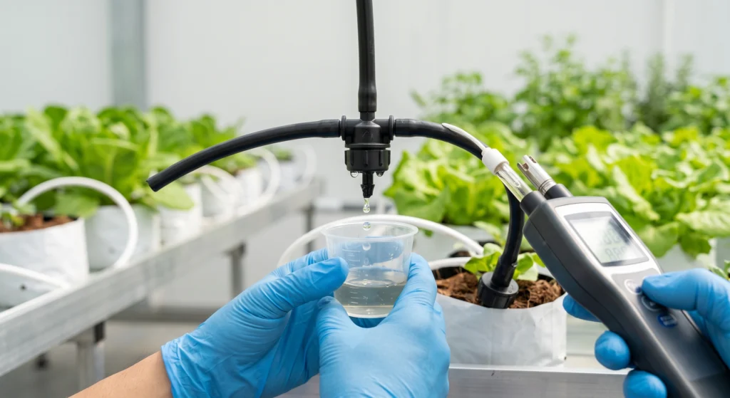 Fertigation Controllers for Home Growers: From Simple Timers to Smart Dosers 9 Testing nutrient strength at a hydroponic drip emitter with an EC meter