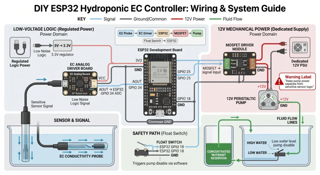 Simplified wiring diagram showing an EC sensor connected to an ESP32, a MOSFET controlling a 12V peristaltic pump, a float switch safety input, and separate logic and pump power supplies.