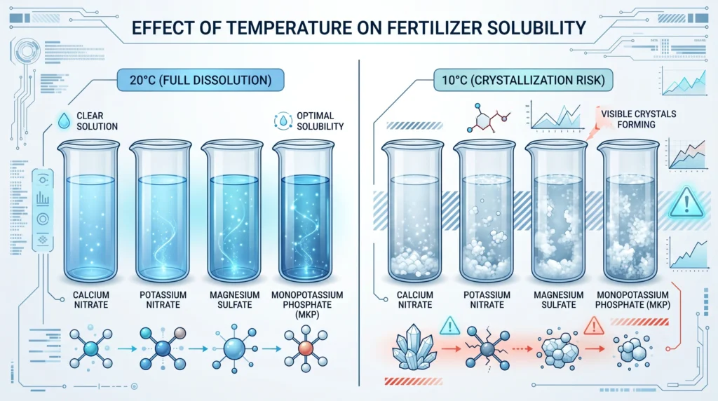 Scientific infographic comparing fertilizer salt solubility at 20°C and 10°C, showing how lower temperatures reduce the solubility of calcium nitrate, potassium nitrate, magnesium sulfate, and monopotassium phosphate.