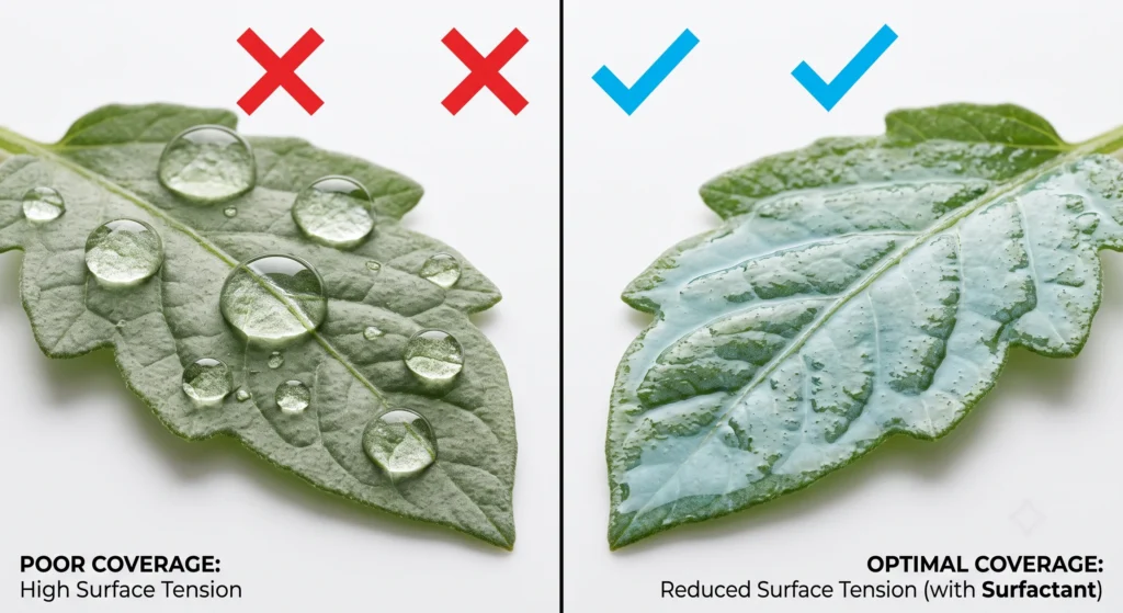 Foliar Feeding Hydroponics: Maximizing Micro-Nutrient Absorption Rates 2 Comparison showing untreated water beading on a waxy leaf versus a surfactant spreading the nutrient solution evenly across the leaf surface.