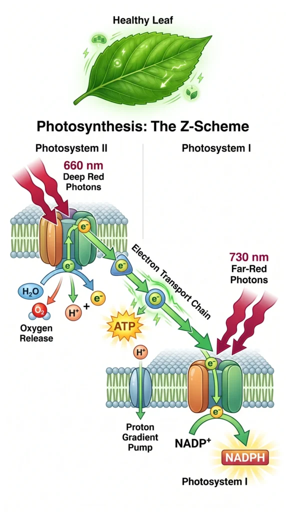 Educational diagram showing Photosystem II absorbing 660 nm deep-red light and Photosystem I absorbing 730 nm far-red light, increasing photosynthetic efficiency through the Emerson Enhancement Effect.